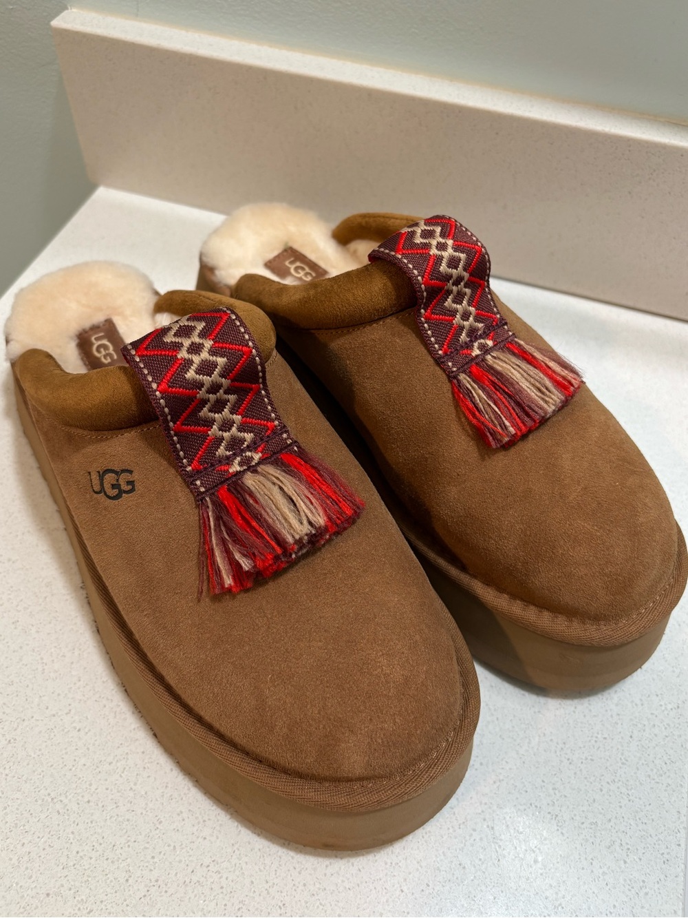 UGG Tazzle Chestnut Suede Platform Slip On Mules Size 9